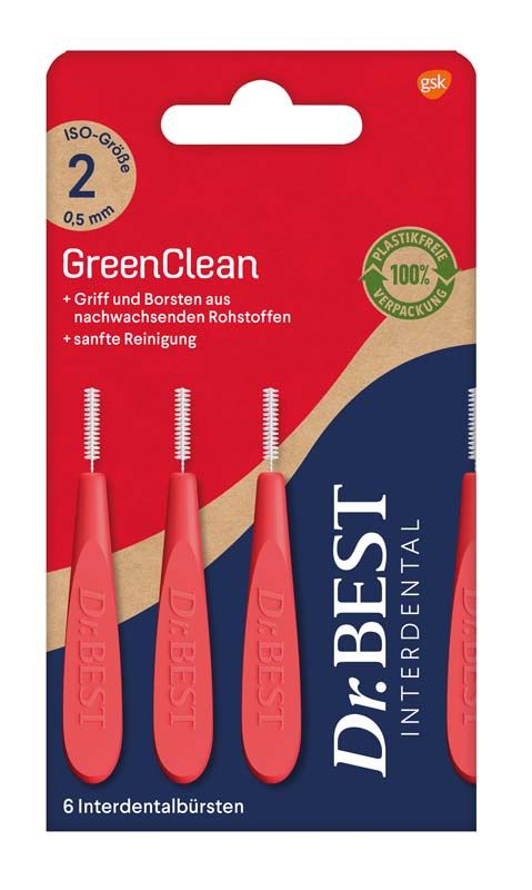 Dr.BEST Interdental GreenClean 6er Blister mit roten Griffen und weichen Borsten.