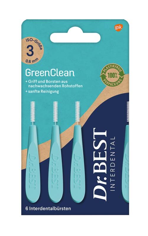 Dr.BEST Interdental GreenClean Bürsten in türkisfarbener 6er-Verpackung, Größe 3, 0,6 mm.