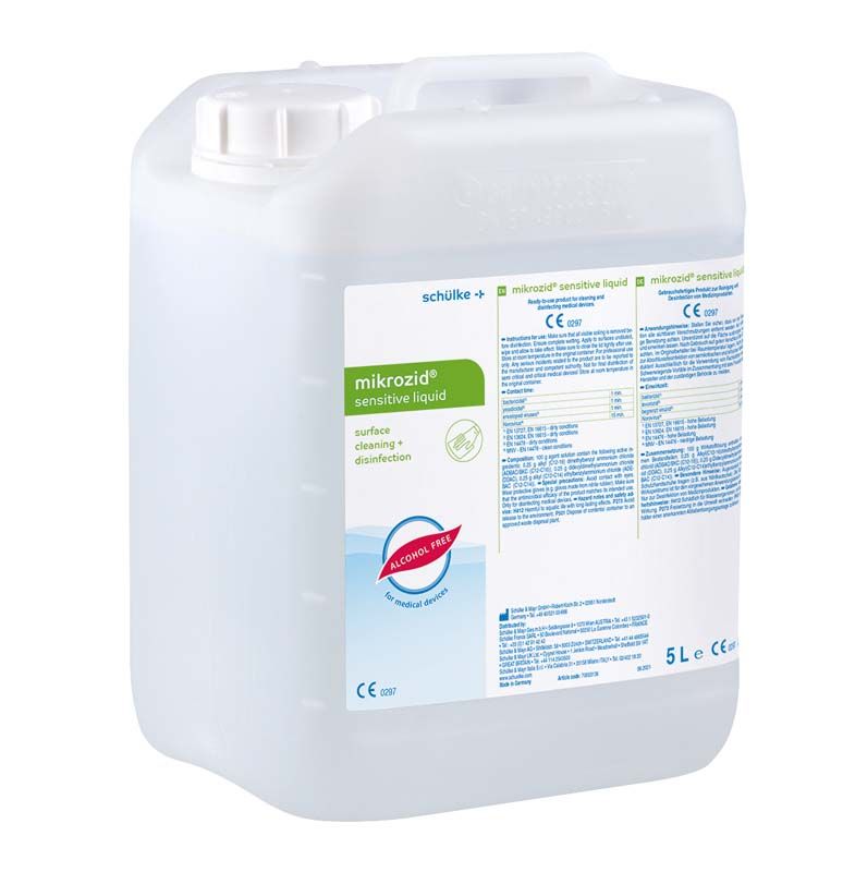Mikrozid sensitive liquid Kanister 5l mit Etikett und Produktinformationen.