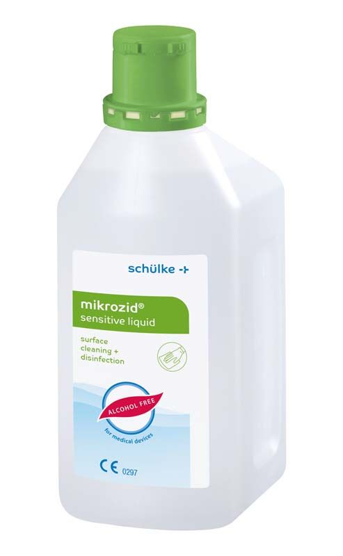 Mikrozid sensitive liquid Flasche 1l mit grünem Verschluss.