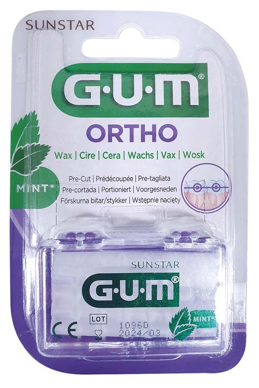 GUM® ORTHO Wachs im Etui, Minzgeschmack, auf Blisterverpackung.