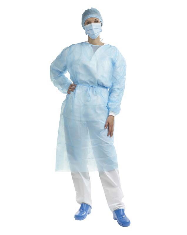 Steriler OP-Kittel aus Vliesstoff, getragen mit Maske und Haube.