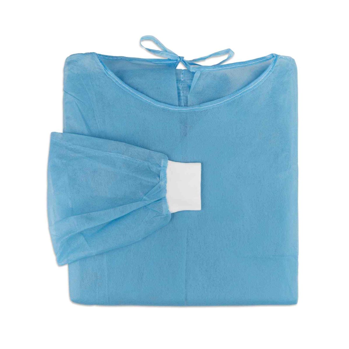 Gefalteter blauer OP-Kittel aus Vliesstoff mit Manschetten, steril verpackt.