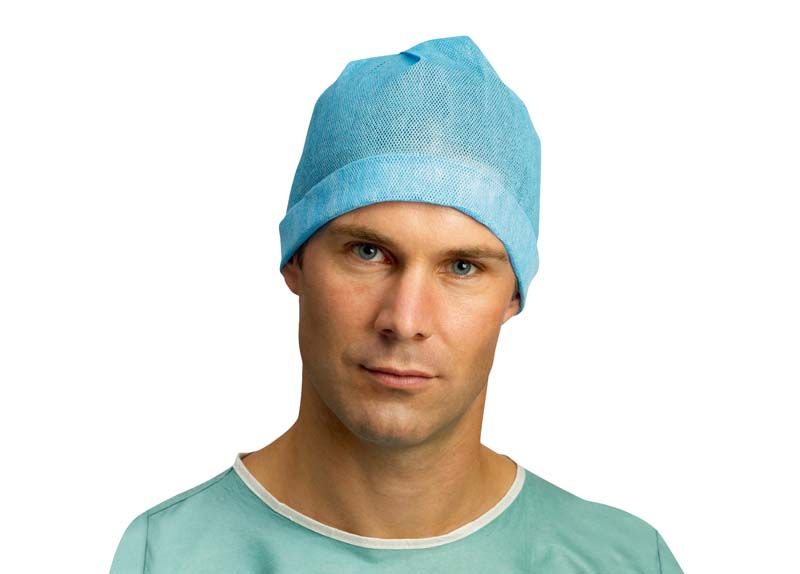 Chirurgische OP-Haube Eurocap in blauer Farbe auf Person getragen.