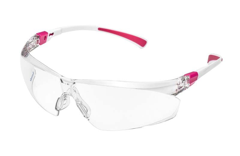 Monoart Schutzbrille FitUp Pink mit anpassbaren Bügelenden und klarem Sichtfeld.