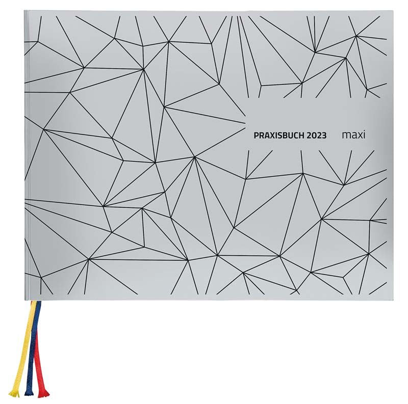 Praxisbuch Maxi 2023 mit geometrischem Cover-Design und bunten Lesebändchen.