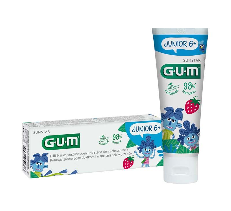 GUM® JUNIOR Zahngel ab 6 Jahren mit Erdbeergeschmack und kinderfreundlichem Design.