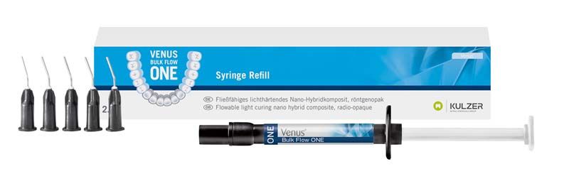 Venus® Bulk Flow ONE PLT Value Kit mit Spritzenaufsätzen und Verpackung.