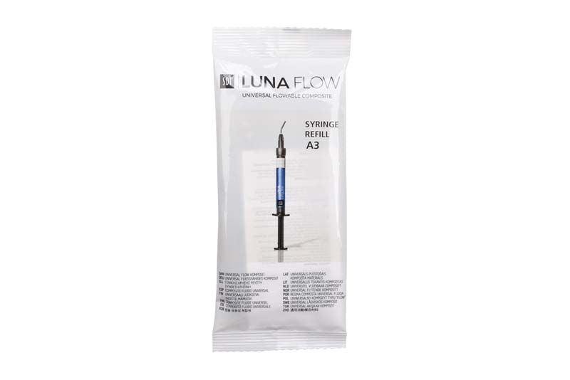 Luna Flow Spritze A3 in Verpackung mit Produktinformationen.
