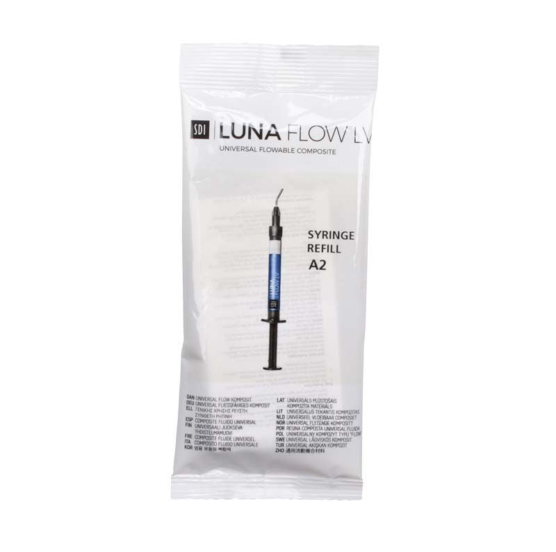 Luna Flow LV A2 Spritze für zahnärztliche Füllungen in Einzelverpackung.