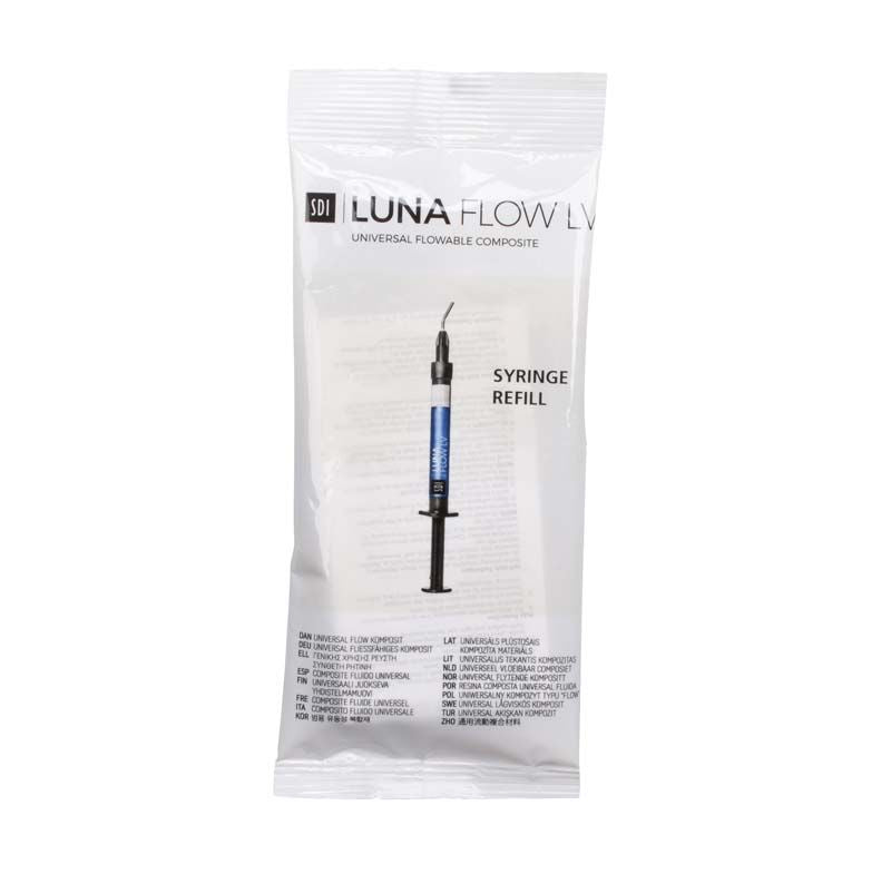 Fließfähiges Komposit Luna Flow LV OA2 in Spritzenform auf Verpackung.