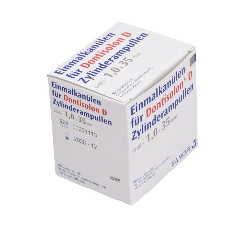 Einmalkanülen-Verpackung für Dontisolon® D mit Produktinformationen auf der Schachtel.