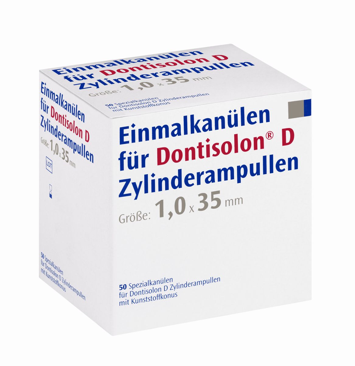 Einmalkanülen-Verpackung für Dontisolon® D mit Größe 1,0 x 35 mm.