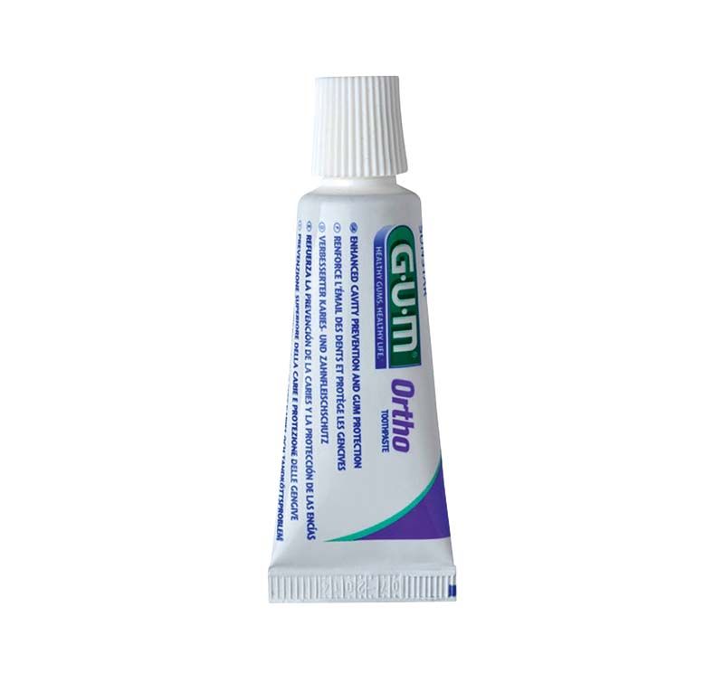 GUM® ORTHO Zahngel Tube 12ml mit blauem und lila Aufdruck.