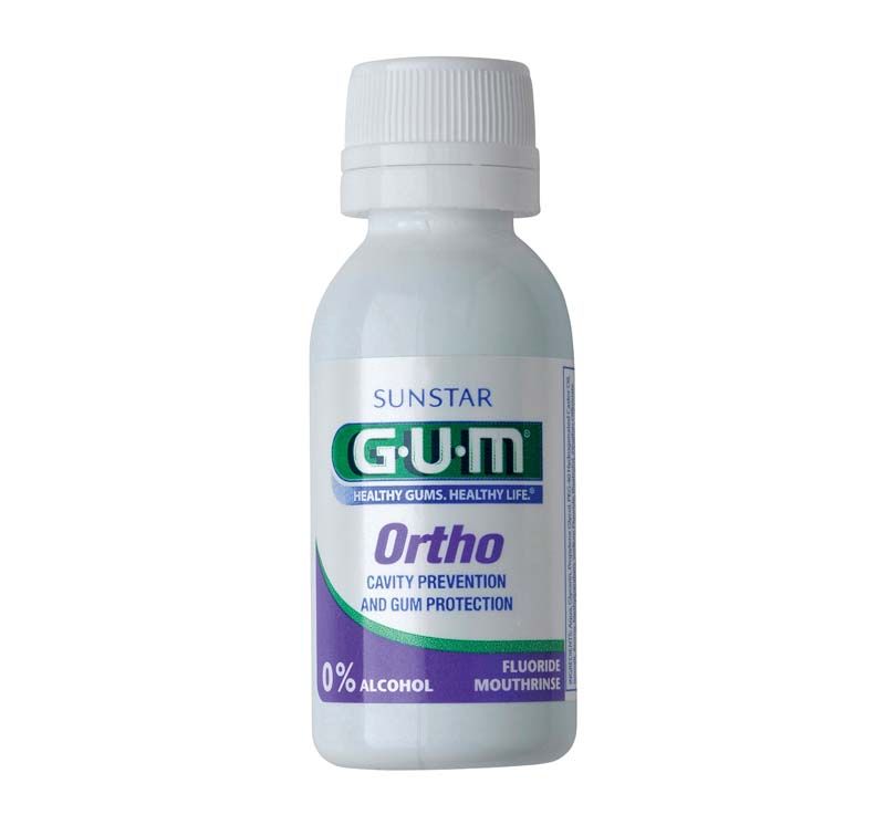 GUM® ORTHO Mundspülung Flasche 30ml mit Etikett und Markenlogo.
