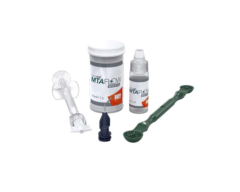 Endo-Eze™ MTAFlow™ White Reparaturzement Kit mit Zubehör auf weißem Hintergrund