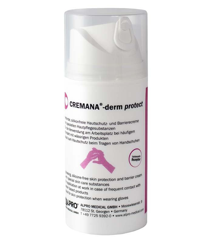 Cremana-derm protect Hautschutzcreme mit Spenderflasche und Logoansicht.