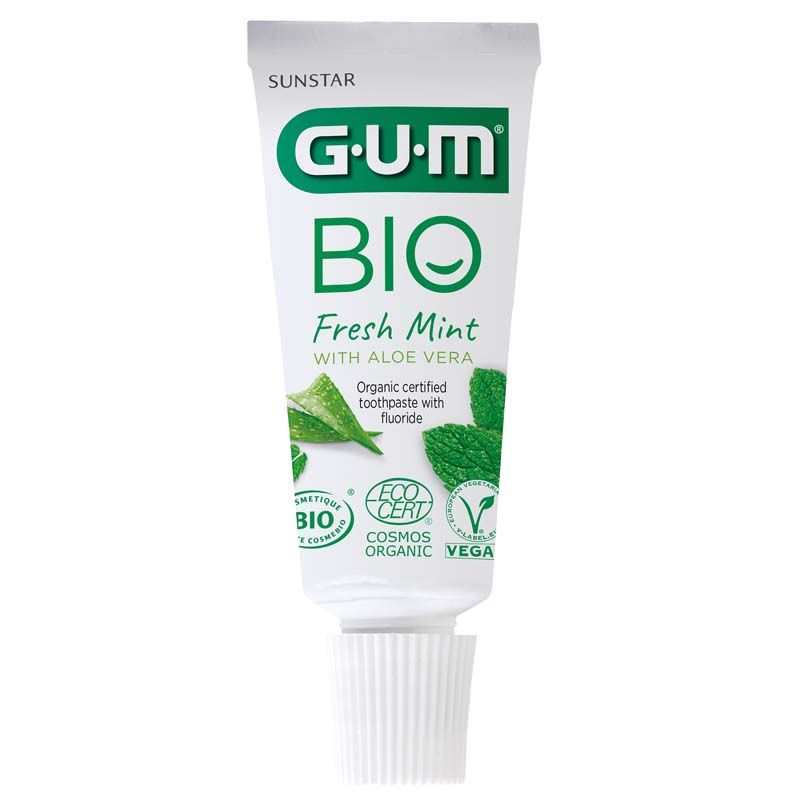 GUM® BIO Zahnpasta Tube 12ml mit Aloe Vera und Bio-Zertifizierung.