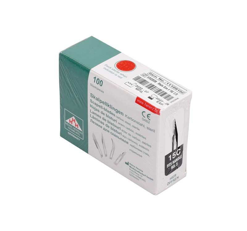 Sterile Skalpellklingen Nr. 15-C in weiß-grüner Verpackung mit Textdetails.