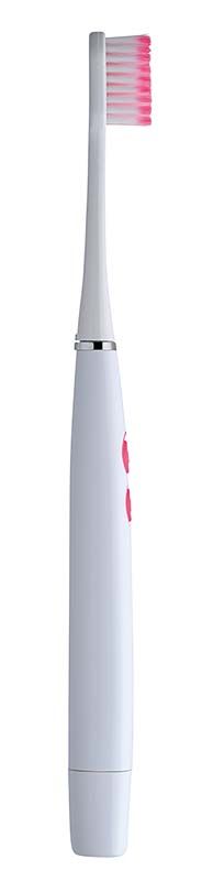 Elektrische GUM® SONIC SENSITIVE Schallzahnbürste mit rosa Borsten in Seitenansicht.