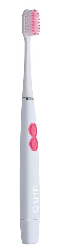 Elektrische GUM® SONIC SENSITIVE Schallzahnbürste mit rosa Knöpfen und Bürstenkopf.
