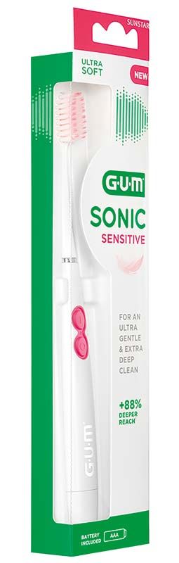 Elektrische GUM® SONIC SENSITIVE Schallzahnbürste in Originalverpackung mit rosa Details.