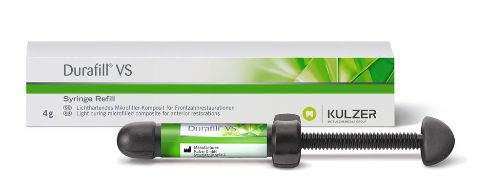 Durafill VS Spritze A1 mit Verpackung und grünem Design.
