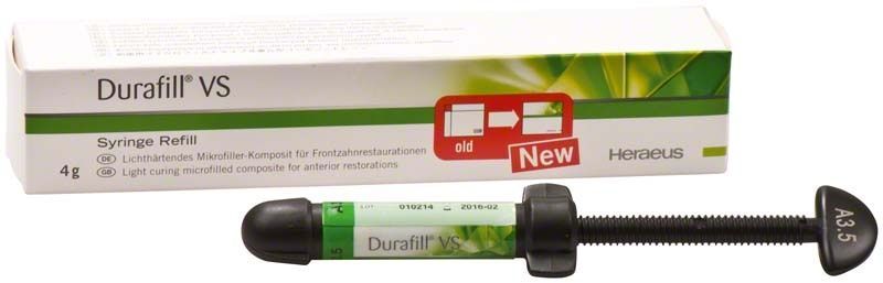 Durafill VS Spritze A3,5 mit Verpackung im Hintergrund.