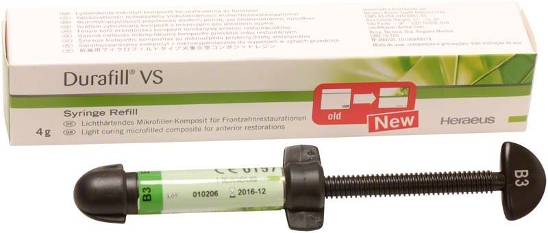 Durafill VS Spritze B3 vor Verpackung mit Produktinformationen.