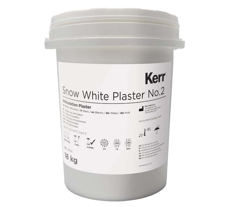 Snow White Plaster 18kg Eimer mit Etikett und Markennamen Kerr.