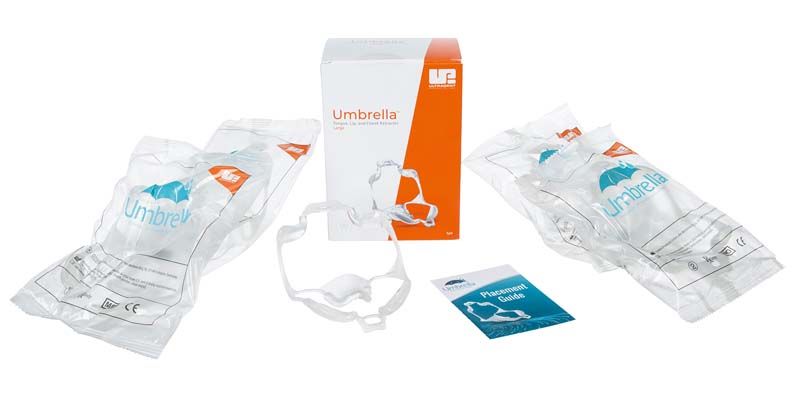 Umbrella Cheek Retractor™ große 5er Packung mit Verpackung und Einzelteilen.