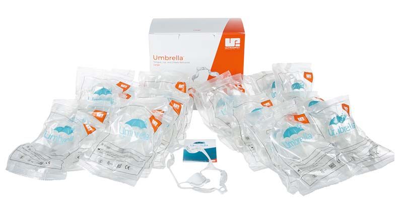 Umbrella Cheek Retractor™ Großpackung mit 20 einzeln verpackten Retraktoren.