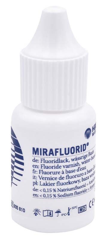 Mirafluorid® 5ml Flasche mit blauer Beschriftung und weißem Verschluss.