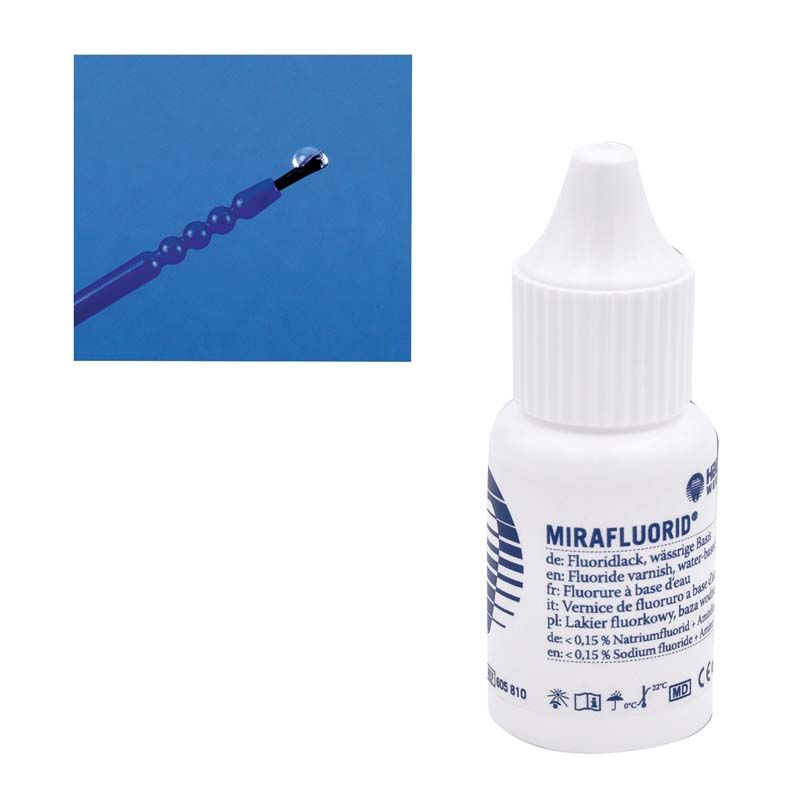Mirafluorid® Flasche 5ml mit Applikator und blauer Beschriftung.