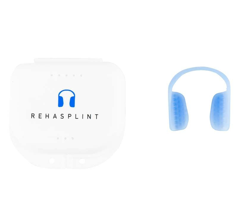 RehaSplint Hart Aufbissschiene mit weißem Etui und blauem Einsatz.