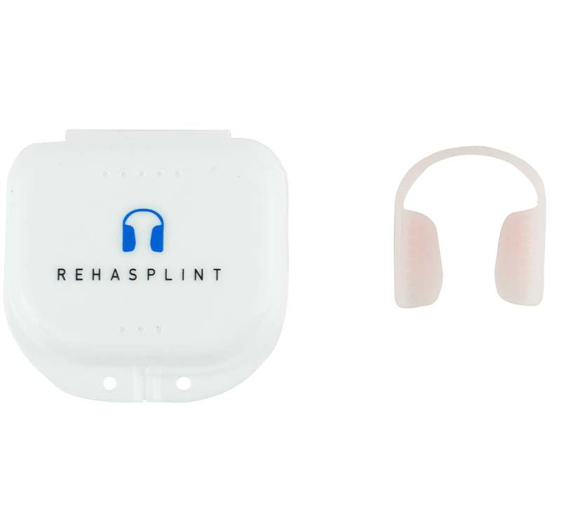 RehaSplint soft Aufbissschiene mit weißem Etui und blauer Logoaufdruck.