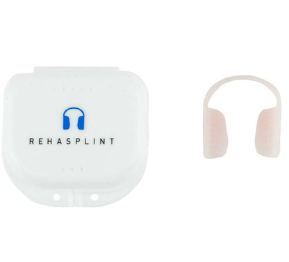 RehaSplint soft Aufbissschiene mit weißem Etui und blauer Logoaufdruck.