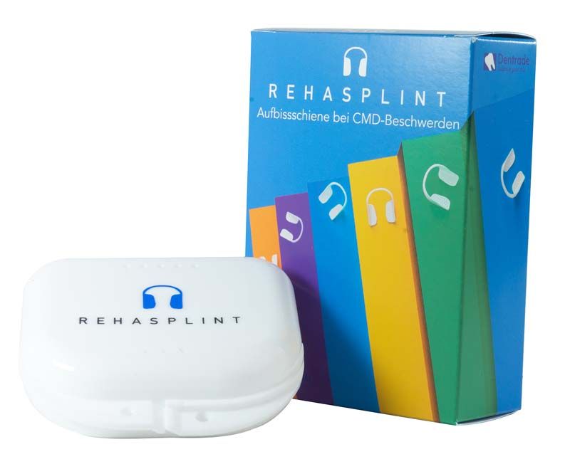 RehaSplint Aufbissschiene mit bunter Verpackung und weißem Etui.