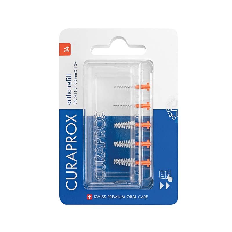 CURAPROX CPS regular orange konisch Interdentalbürsten in Blisterverpackung mit fünf Nachfüllbürsten.