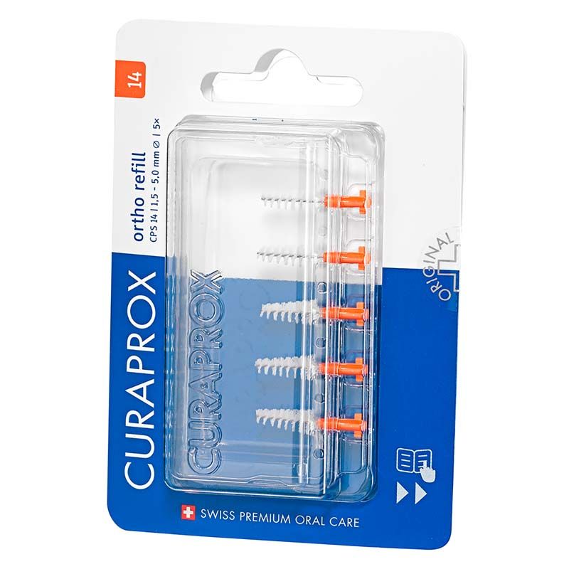 CURAPROX CPS regular orange Interdentalbürsten im Blister mit fünf Ersatzbürsten.