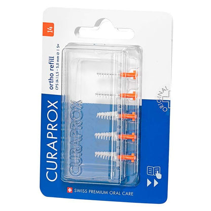 CURAPROX CPS regular orange Interdentalbürsten im Blister mit fünf Ersatzbürsten.