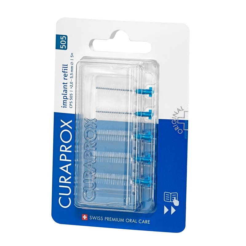 Verpackung der CURAPROX CPS soft implant Gr. 505 mit fünf blauen Bürsten.