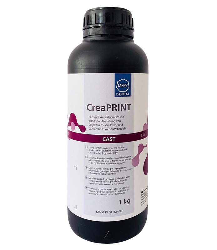 Flasche mit 1 kg CreaPRINT Cast in lila, Merz Dental.