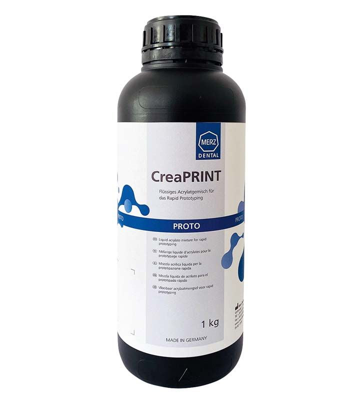 Schwarze Flasche CreaPRINT Proto, 1 kg, mit weißem Etikett.