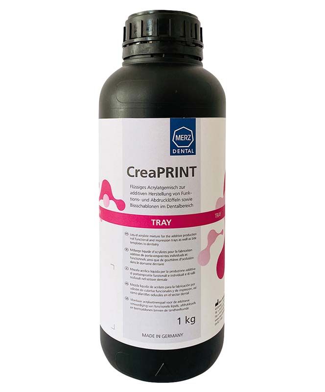 Flasche mit CreaPRINT Tray in Hot-Pink, 1 kg, von Merz Dental.