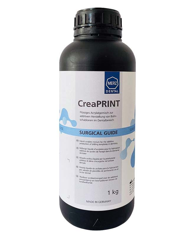 Flasche mit 1 kg CreaPRINT Surgical Guide Acrylat in eisblau.