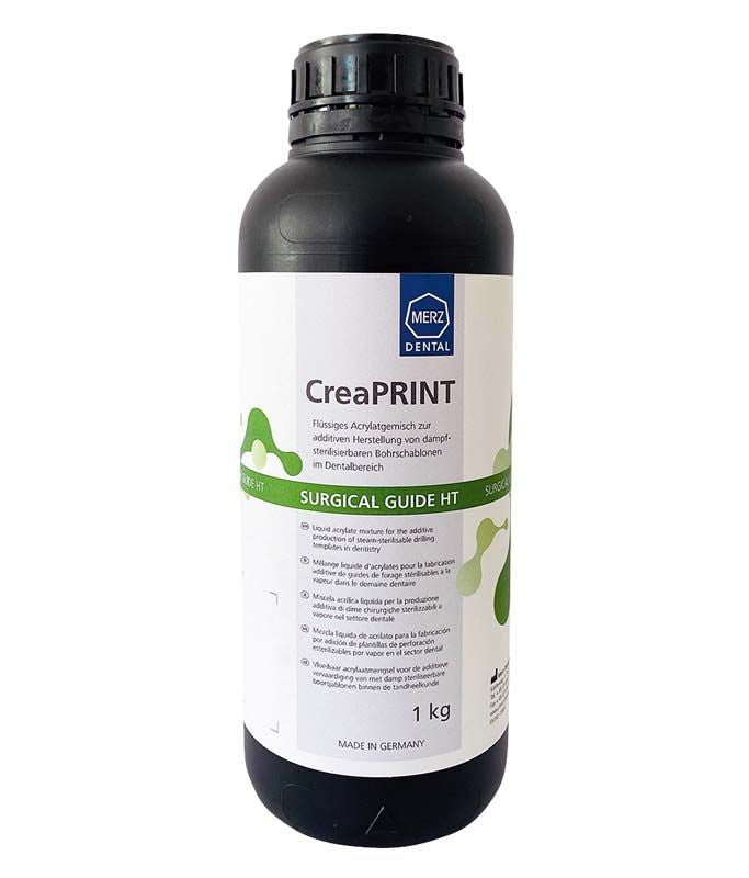 Flasche mit CreaPRINT Surgical Guide HT, 1 kg, in Frühlingsgrün.