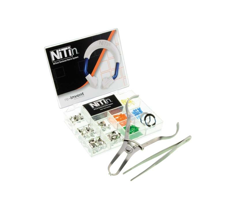 NiTin™ Teilmatrizensystem Starter Kit mit verschiedenen zahnmedizinischen Instrumenten und Zubehör.