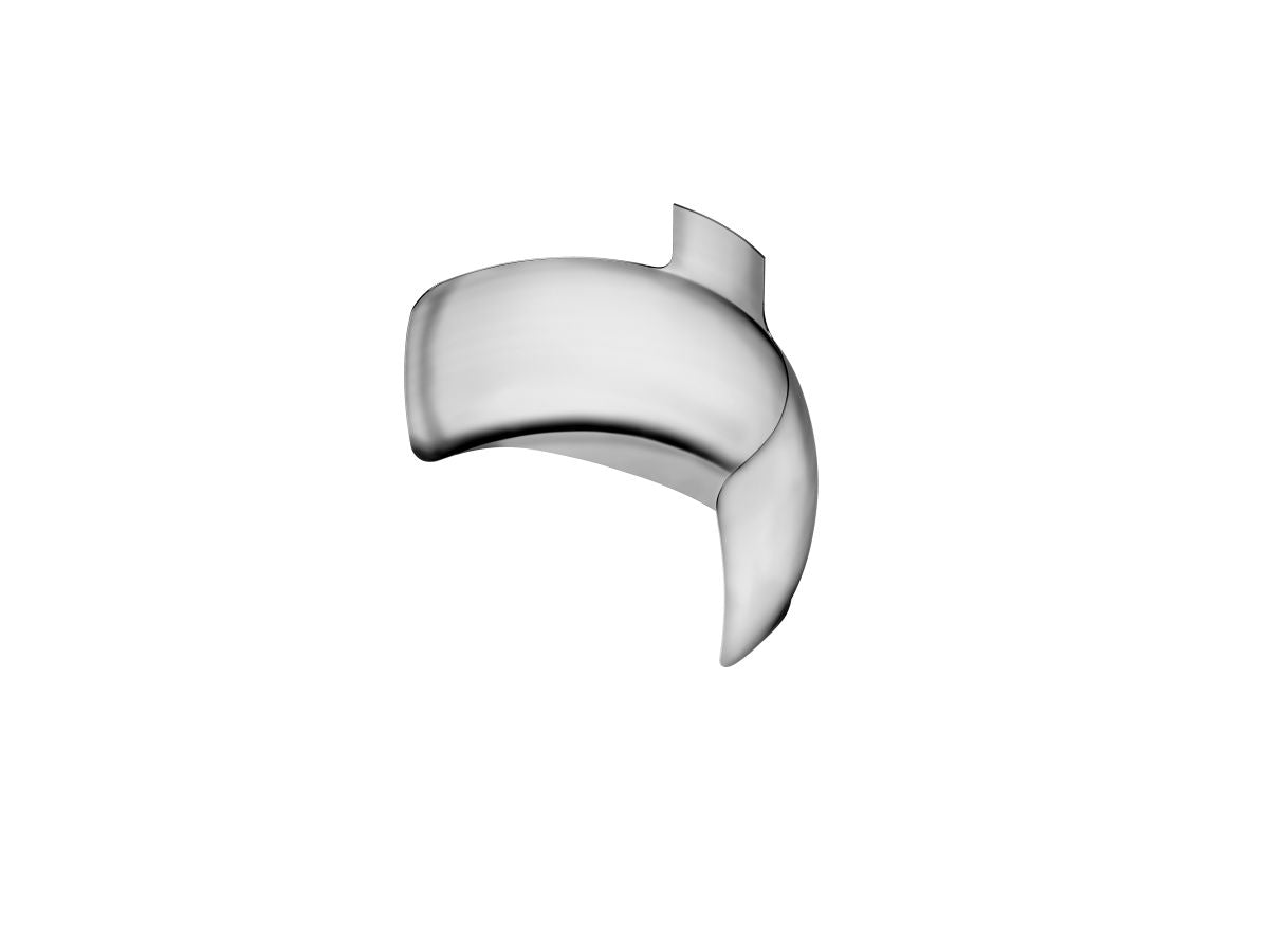 Gekrümmte NiTin™ Vollkontur-Zahnprothese mit glänzender Oberfläche auf weißem Hintergrund.