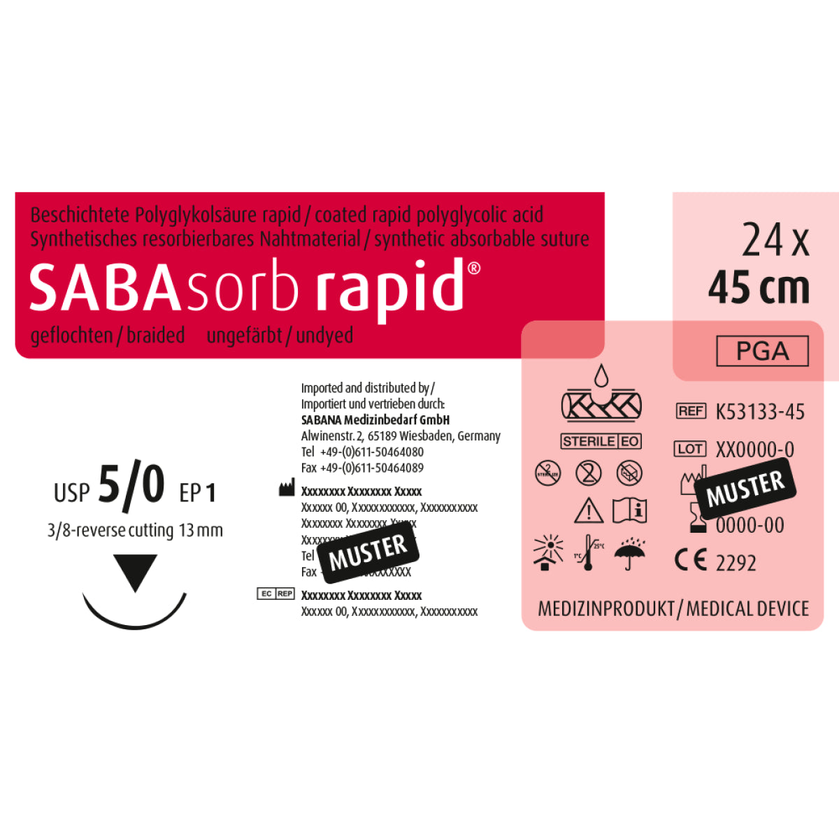 Beschriftetes Etikett von SABAsorb rapid Nahtmaterial, 5-0 DS-13, 45 cm, mit Symbolen.
